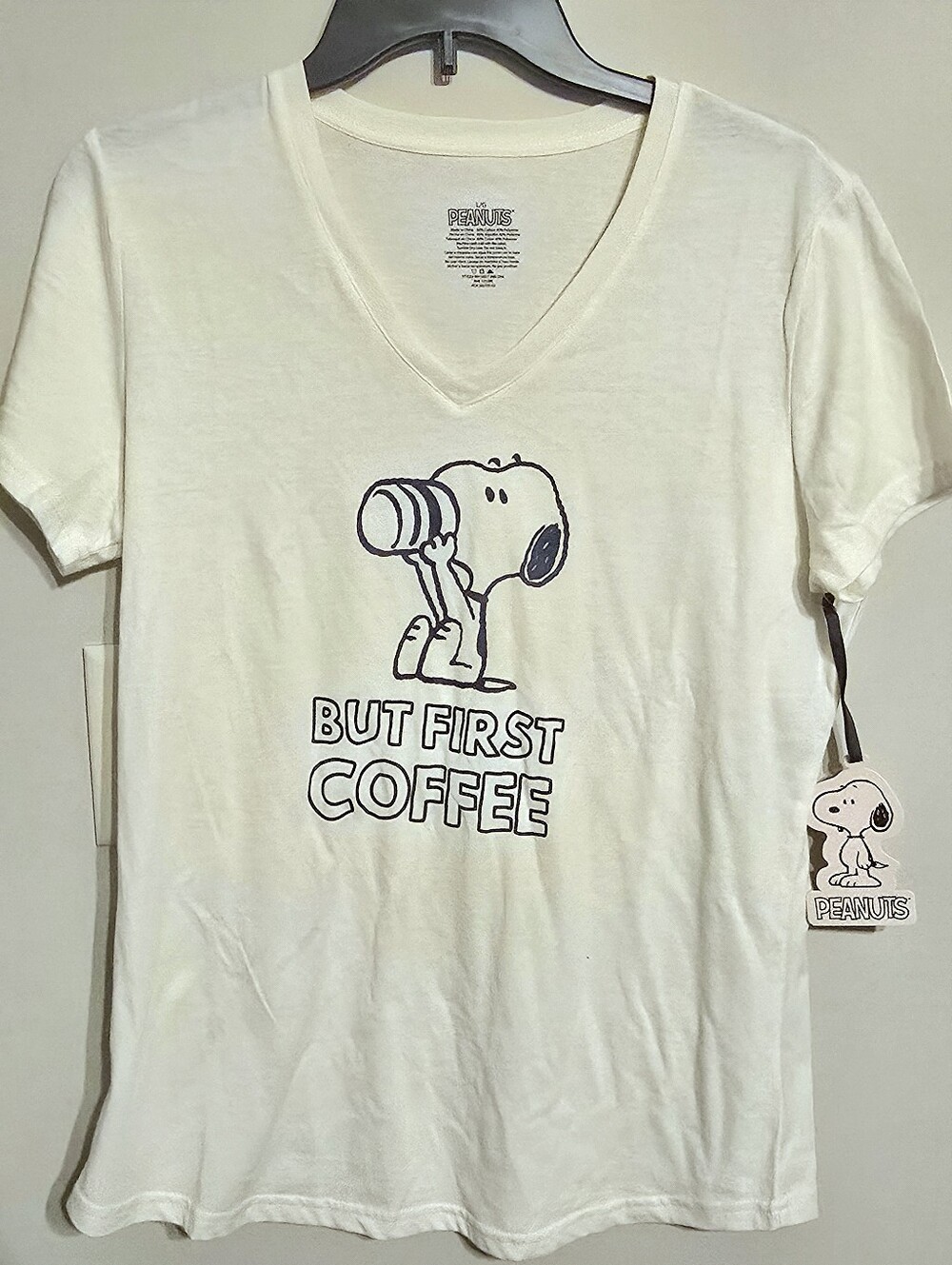 Peanuts White V-Neck Tee with Snoopy 'But First Coffee' Graphic